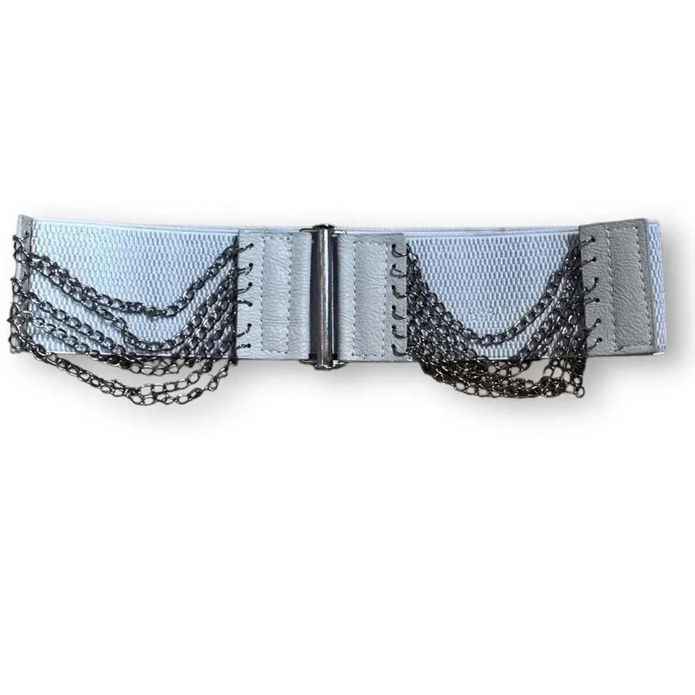 Vintage Y2K Gray Leather Layered Chain Belt Festival Statement Edgy Accessory